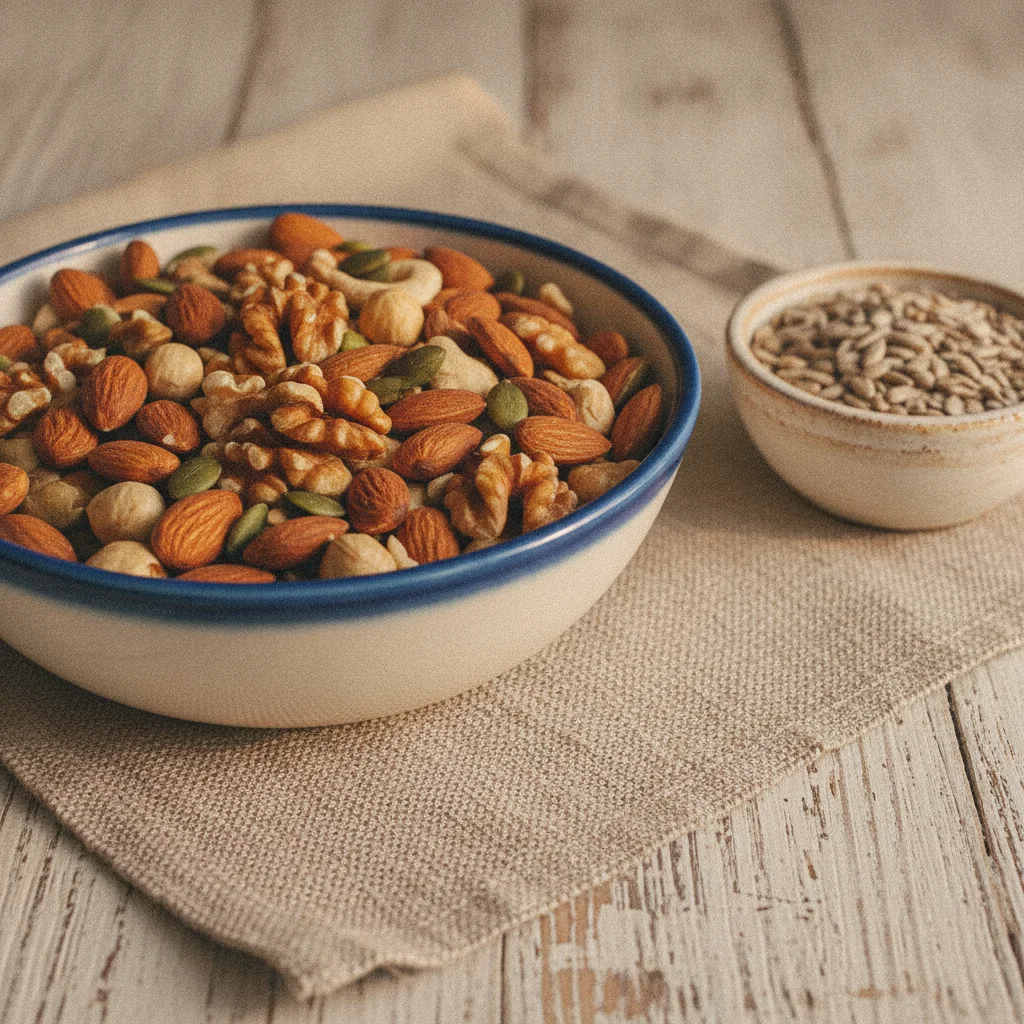 Pähkinöitä, manteleita ja kurpitsansiemeniä keraamisisssa kulhoissa puupöydällä