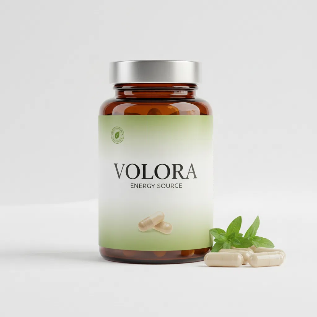 Volora Energy Source -ravintolisäpurkki, 90 kapselia, amber-lasi mustalla kannella